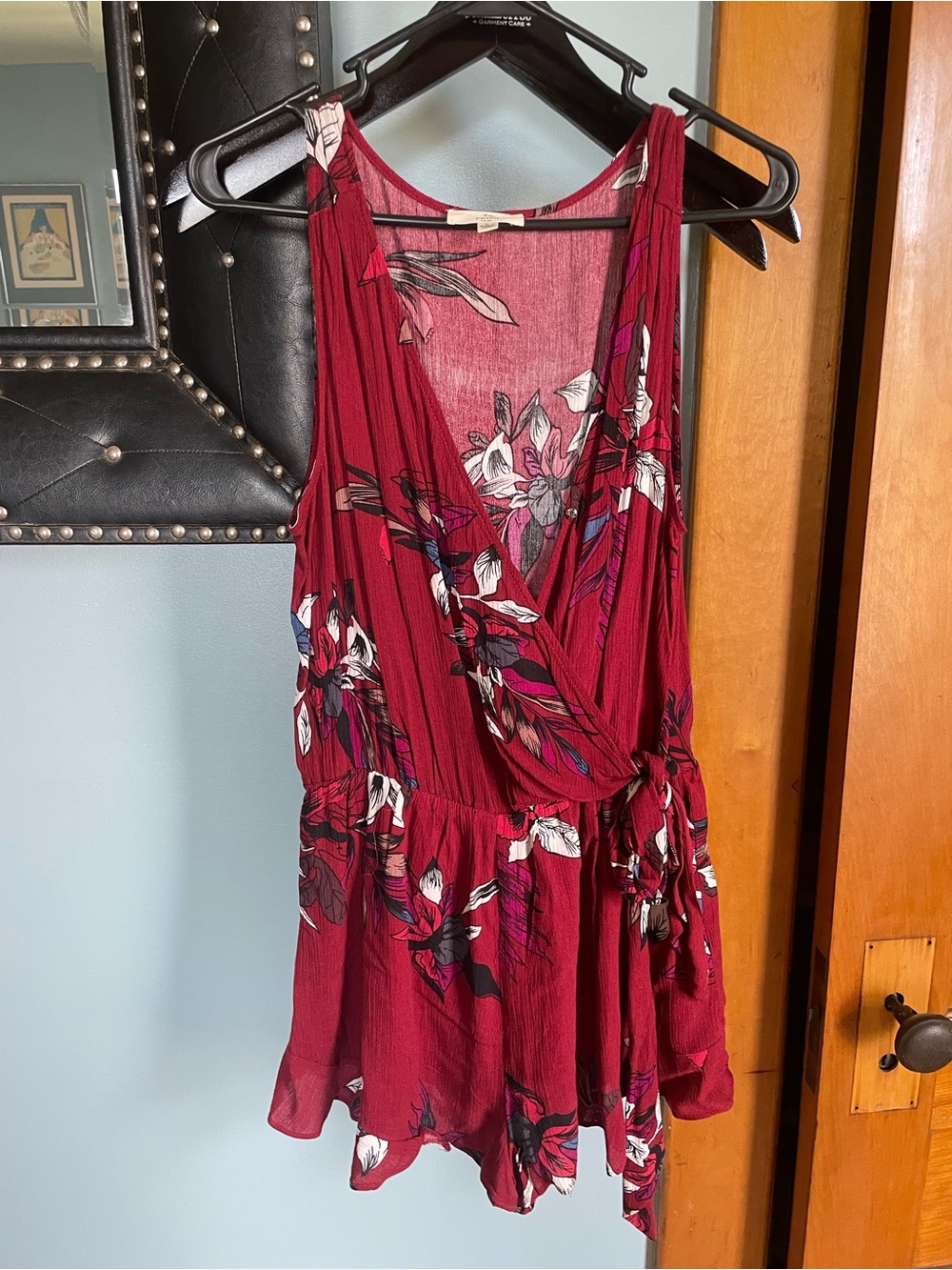 Floral Wrap-Front Sleeveless Romper in Burgundy